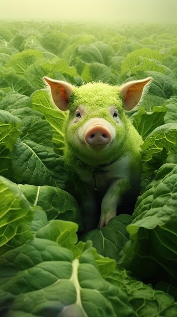 Photo un cochon dans un bouquet de laitue avec une étiquette sur le cou