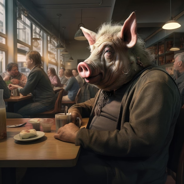 Un cochon dans un café avec des gens.