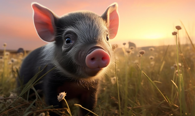 un cochon dans un champ de pissenlets au coucher du soleil