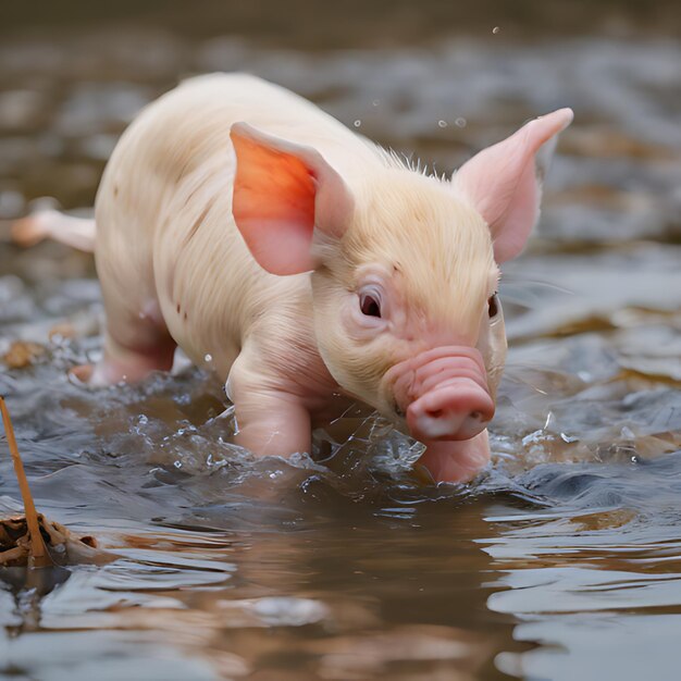 Photo un cochon dans l'eau avec un bâton dans la bouche