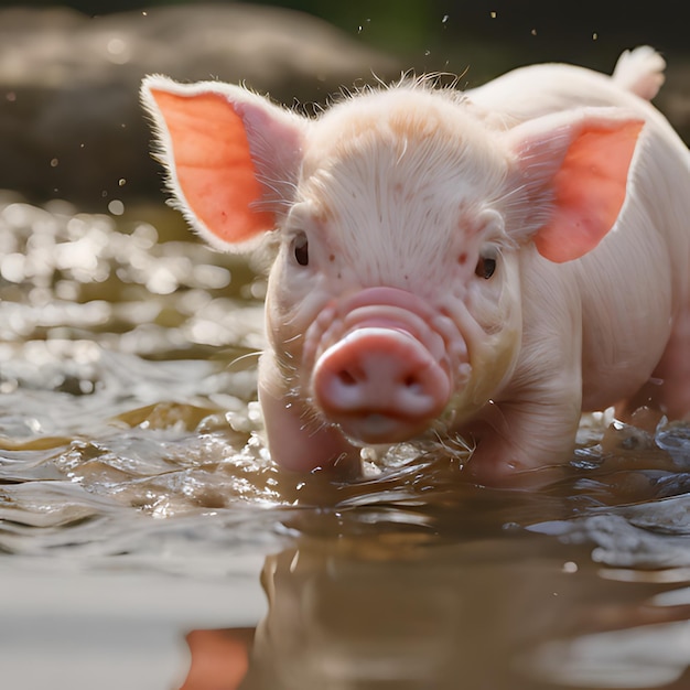 Photo un cochon dans l'eau avec un fond noir