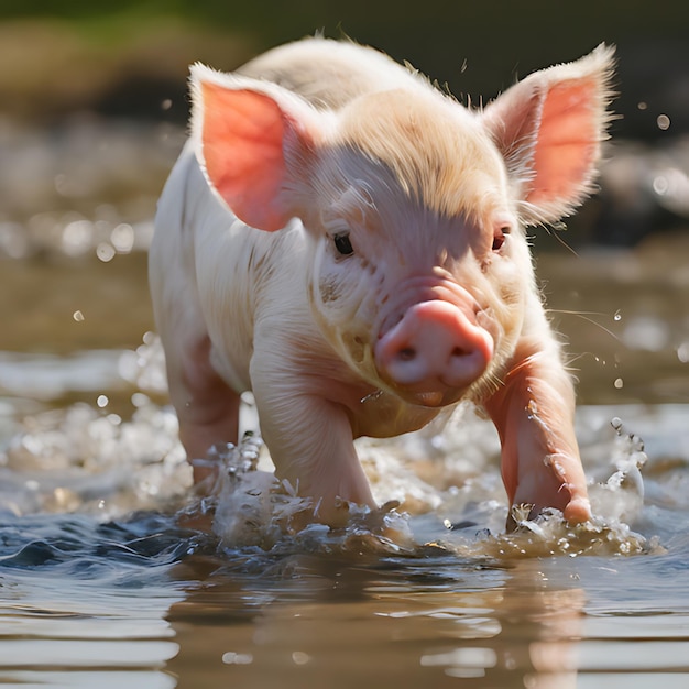 un cochon dans l'eau nage dans une rivière