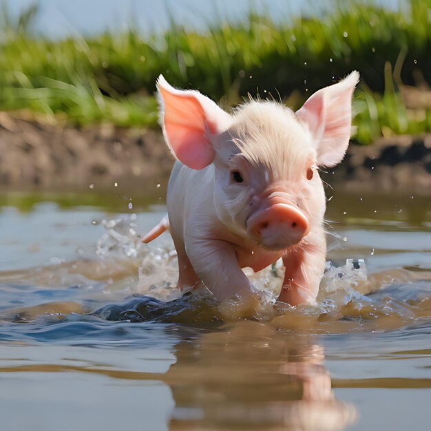 un cochon dans l'eau avec un nez rose et un petit poisson dans sa bouche