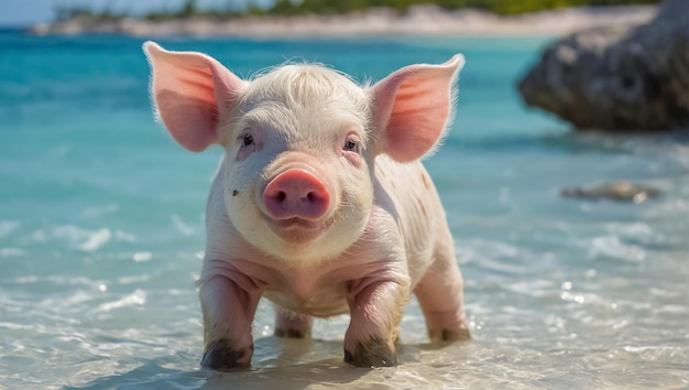 un cochon dans l'eau regarde la caméra