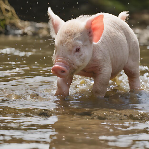 un cochon dans l'eau avec une tache rose sur son nez