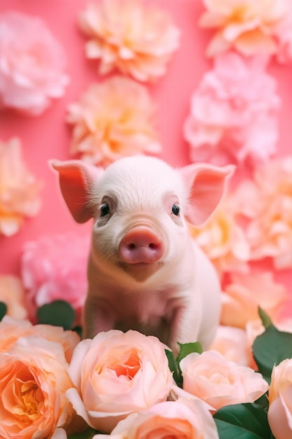 Un cochon dans un lit de roses