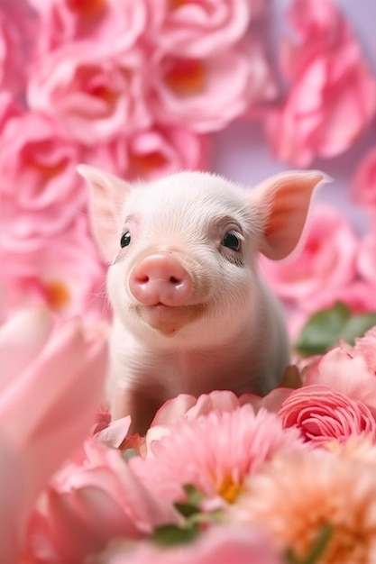 Un cochon dans un parterre de fleurs