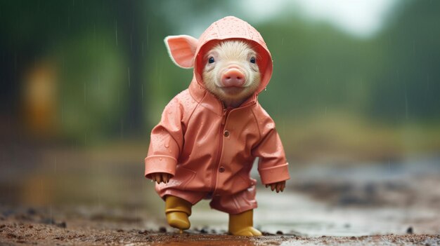 Un cochon dans un petit imperméable et des bottes est le papier peint