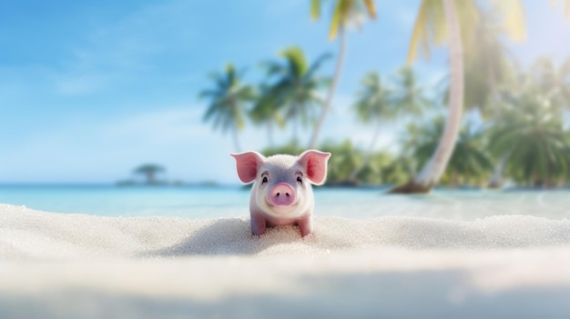 Un cochon debout sur une plage avec des palmiers ai