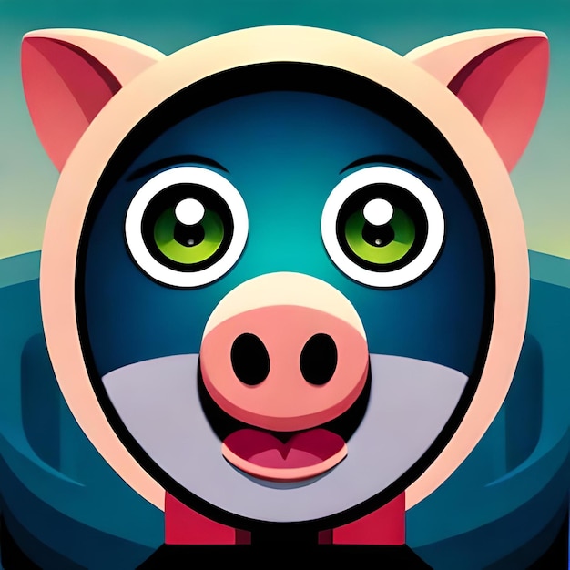 Un cochon de dessin animé aux yeux verts et au nez rose.