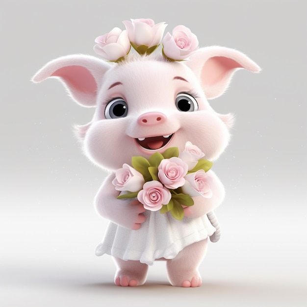 Cochon de dessin animé avec des fleurs dans les cheveux et une robe générative ai