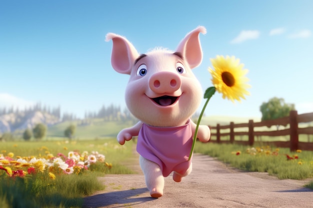 Un cochon de dessin animé qui court avec une fleur à la main.