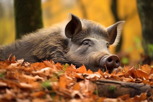 un cochon est allongé dans les feuilles