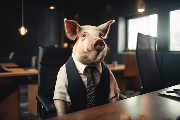 Un cochon est assis sur une chaise devant un bureau