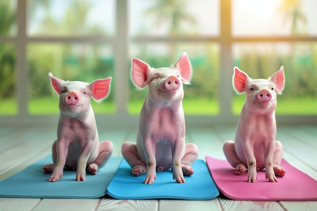 Un cochon est assis sur un tapis et semble méditer Cochon drôle faisant du yoga Asana pose