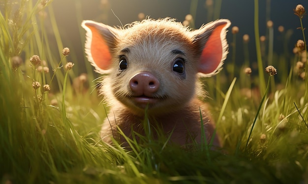 un cochon est dans l'herbe au soleil