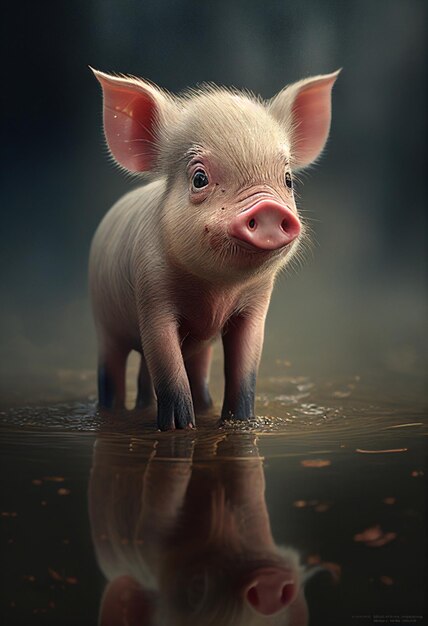 Le cochon est debout dans l'eau.