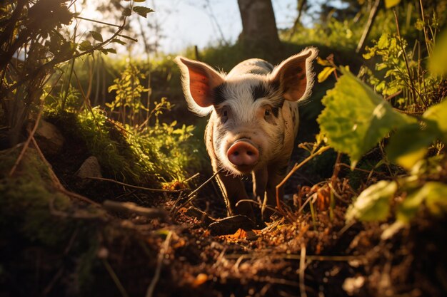 un cochon est debout dans l'herbe dans les bois