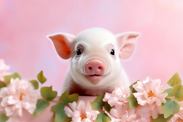 Un cochon avec des fleurs roses sur le visage