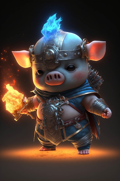 Cochon habillé en armure tenant une ai générative de feu