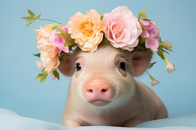 Photo cochon heureux sur fond pastel dans une photo de studio avec texte et espace de conception