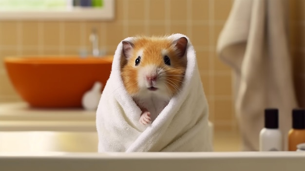 cochon d'Inde ou hamster enveloppé dans un peignoir un hamster kawaii avec une fourrure moelleuse debout