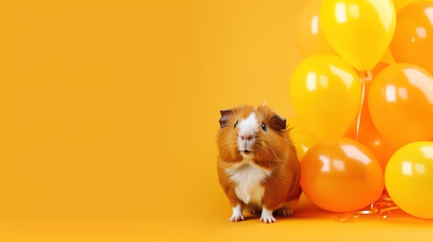 Cochon d'Inde mignon sur fond orange festif avec des ballons