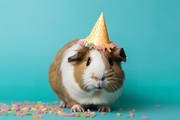 Photo cochon d'inde portant un chapeau de fête d'anniversaire