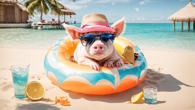 Cochon mignon dans un anneau de natation, boire un cocktail sur la plage