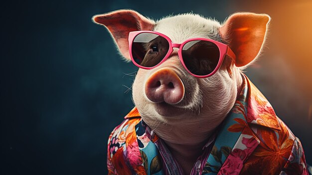 Photo un cochon à la mode dans une pose franche portant une chemise hawaïenne et des lunettes de soleil cette séance photo à moitié corps capture l'essence de l'esthétique trippy du meilleur magazine de mode un arrière-plan hypnotisant