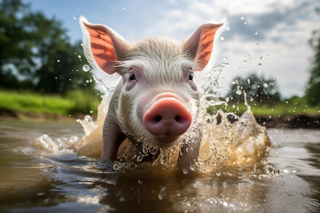 un cochon nage dans une rivière avec de l'eau qui éclabousse autour de lui