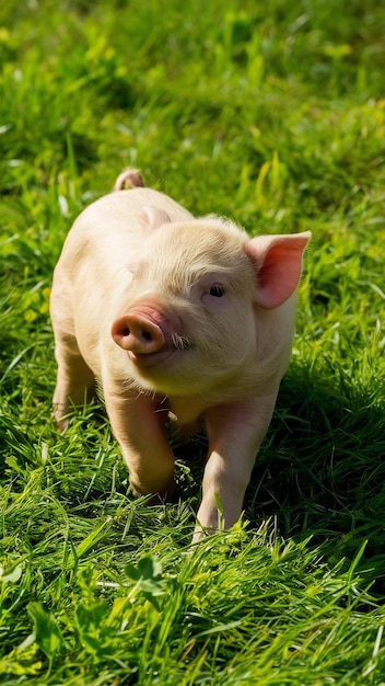 Un cochon nouveau-né sur l'herbe verte du printemps