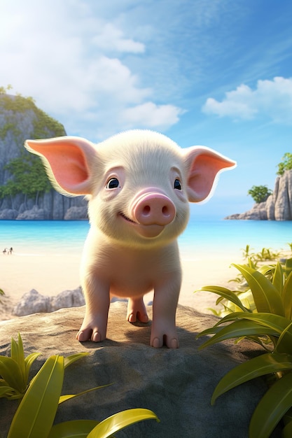 un cochon sur une plage avec une photo d'une plage.