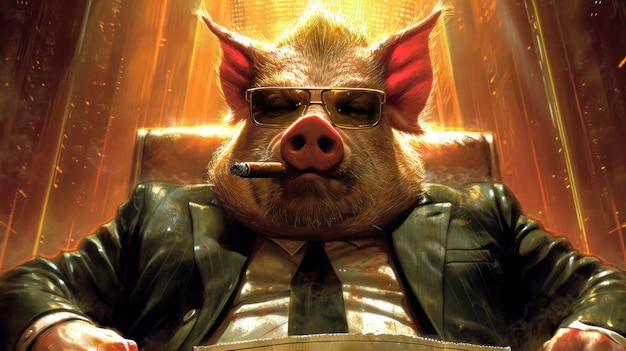 Photo un cochon portant un costume et une cravate fumant un cigare