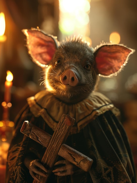 un cochon portant un costume avec une poignée en bois et une croix en bois