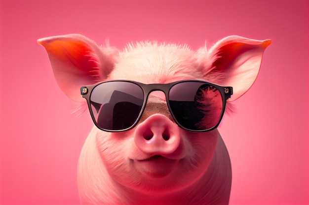 Un cochon portant des lunettes de soleil est assis sur un fond rose.