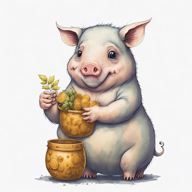 Photo un cochon avec un pot d'or dedans tient un pot d'or.