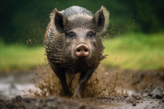 un cochon qui court dans la boue