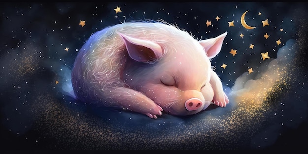 Photo un cochon qui dort sur un nuage avec des étoiles dessus