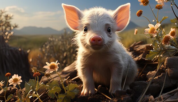 Photo un cochon qui regarde la caméra avec une fleur en arrière-plan