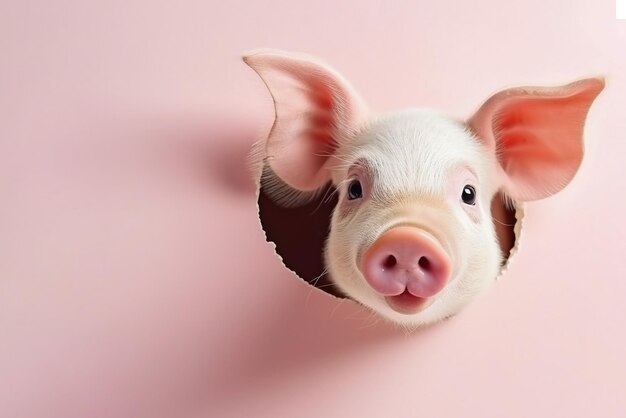 Le cochon regarde avec surprise à travers un trou dans le papier sur un fond rose pastel avec un espace de copie