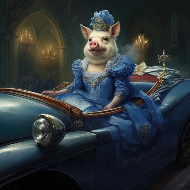 Photo un cochon en robe bleue est assis dans une voiture avec une robe bleue dessus