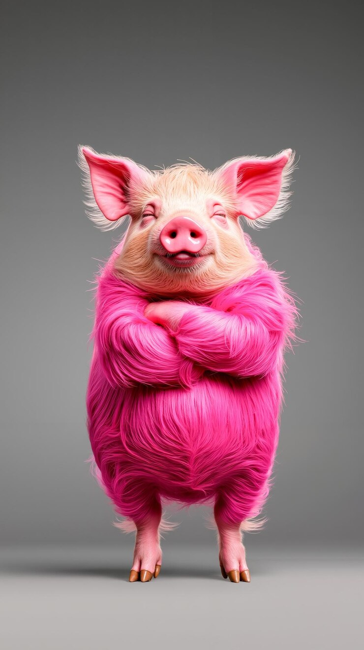 Photo un cochon rose debout sur ses pattes arrière avec les bras croisés