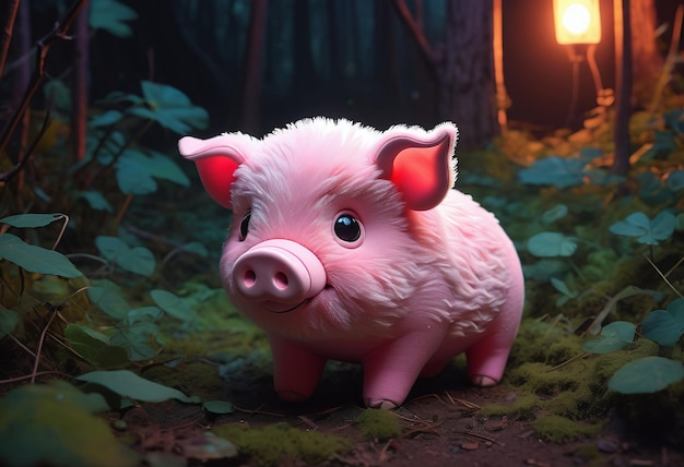 Un cochon rose se tient dans les bois.