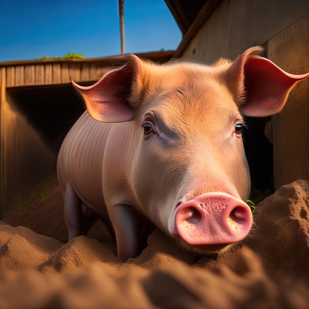 Cochon sale avec un museau boueux dans une porcherie de ferme biologique en gros plan sur le nez du cochon