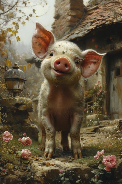 Le cochon se tient près de sa maison un personnage de dessin animé illustration 3D