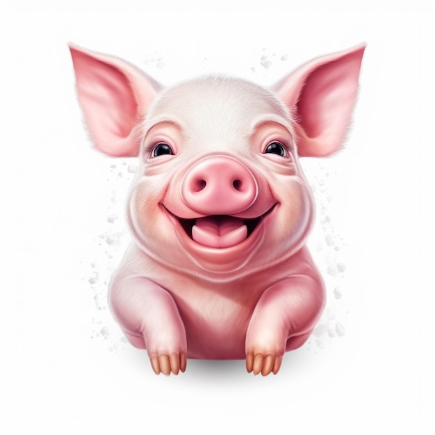 Cochon souriant avec de grandes oreilles et des joues roses assis sur une ai générative de surface blanche