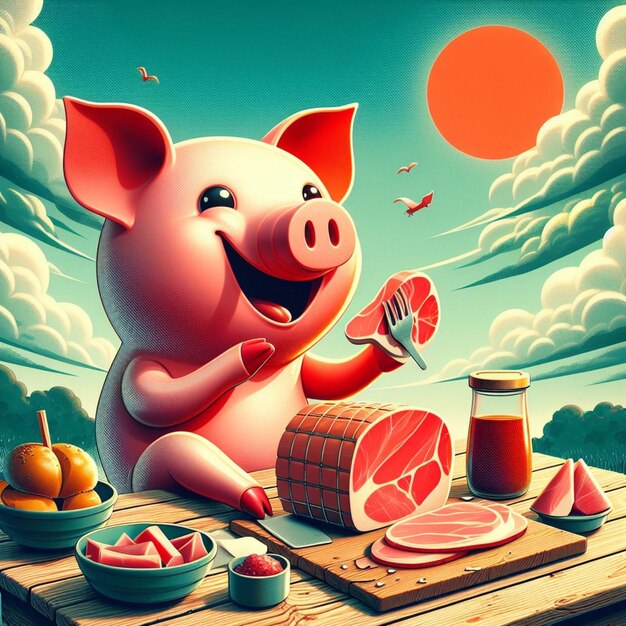 Photo un cochon surréaliste et humoristique vêtu de rétro médiéval apprécie un apéritif de vin rouge et un sandwich au coucher du soleil