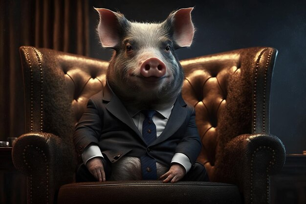 Un cochon vêtu d'un costume chic assis dans le fauteuil exécutif Générateur Ai