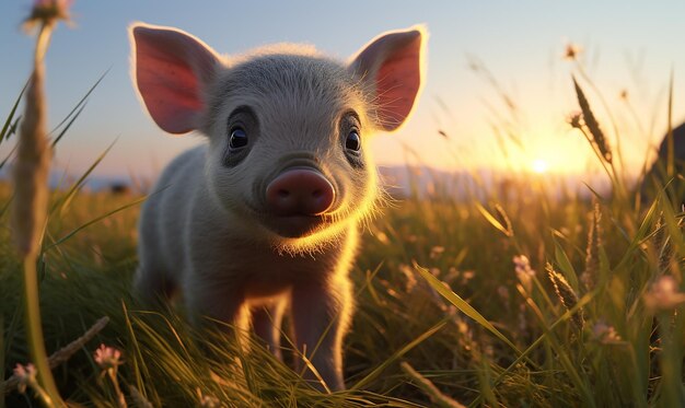 un cochon avec un visage de cochon dans l'herbe